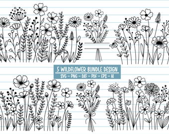 Blumen Bundle, Wildblumen Wiese SVG, Hand gezeichnete Blume Clipart (Digitale Datei)