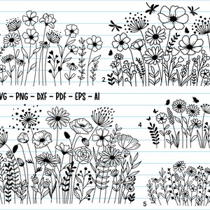 K&ouml;nnte beinhalten: F&uuml;nf Schwarzwei&szlig;-Zeichnungen von verschiedenen Blumenarrangements. Jedes Arrangement zeigt eine Vielzahl von Blumen, Bl&auml;ttern und Stielen. Die Zeichnungen befinden sich auf einem wei&szlig;en Hintergrund mit blauen Linien.