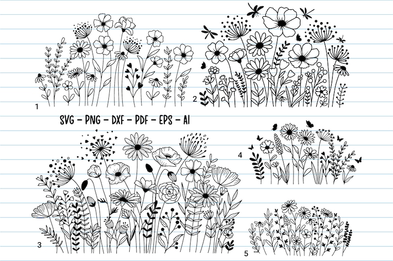 K&ouml;nnte beinhalten: F&uuml;nf Schwarzwei&szlig;-Zeichnungen von verschiedenen Blumenarrangements. Jedes Arrangement zeigt eine Vielzahl von Blumen, Bl&auml;ttern und Stielen. Die Zeichnungen befinden sich auf einem wei&szlig;en Hintergrund mit blauen Linien.