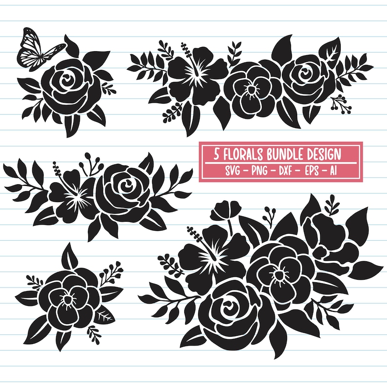 Pode incluir: Cinco desenhos florais em preto e branco, perfeitos para projetos de artesanato. Os desenhos incluem rosas, hibiscos e outras flores. O texto "5 FLORALS BUNDLE DESIGN" est&aacute; na parte inferior da imagem. SVG - PNG - DXF - EPS - AI