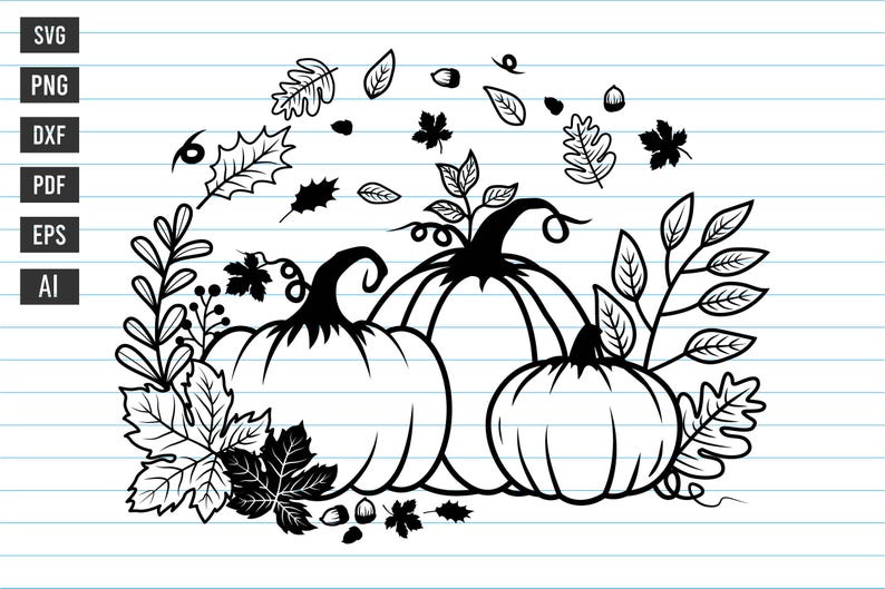 May include: Black and white illustration of three pumpkins with fall leaves and vines. The pumpkins are different sizes and shapes. The leaves are in various shapes and sizes.