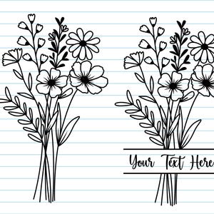 May include: Black and white floral bouquet illustration. The design features detailed line art of various flowers and leaves, bundled together. One bouquet includes a banner with the text "Your Text Here". The image is suitable for digital art projects.