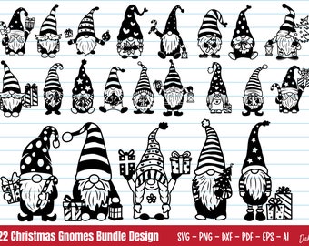 May include: A set of 22 black and white Christmas gnome illustrations. The gnomes are wearing hats and holding various Christmas items, such as presents, candy canes, and Christmas trees.