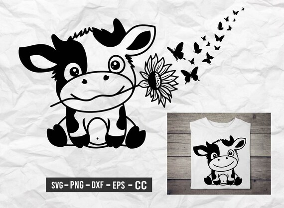 Download Baby Cow Svg Cow With Sunflower And Butterfly Cow Catoon Etsy