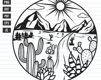 Cactus Svg, Succulent Svg, Round Landscape With Cactus Sun And Mountain, Cactus, Succulent, Mountain, Mountian Scene Svg, Cactus Cut Files.