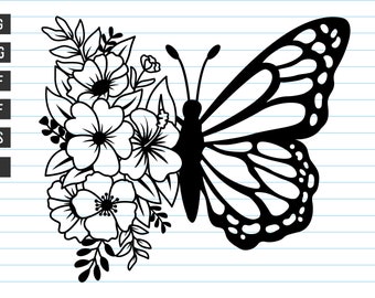 May include: A black and white silhouette of a butterfly with wings spread wide, surrounded by a cluster of flowers. The butterfly is facing right and the flowers are on the left side of the image.