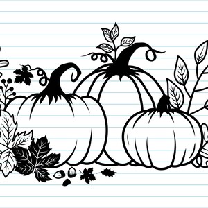 May include: Black and white line art illustration of three pumpkins with leaves and vines. The pumpkins are arranged in a row, with the largest pumpkin in the center.