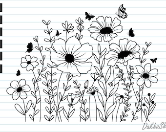Wilde bloemen en vlinder SVG: bloemen clipart (digitaal bestand)