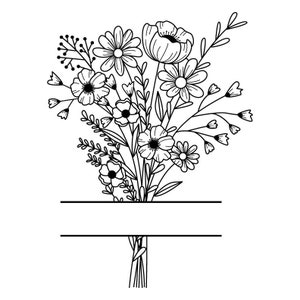 May include: Black and white line art illustration of a floral bouquet. The bouquet features various flowers and foliage, with a section for text at the bottom. The flowers include daisies, poppies, and other wildflowers.