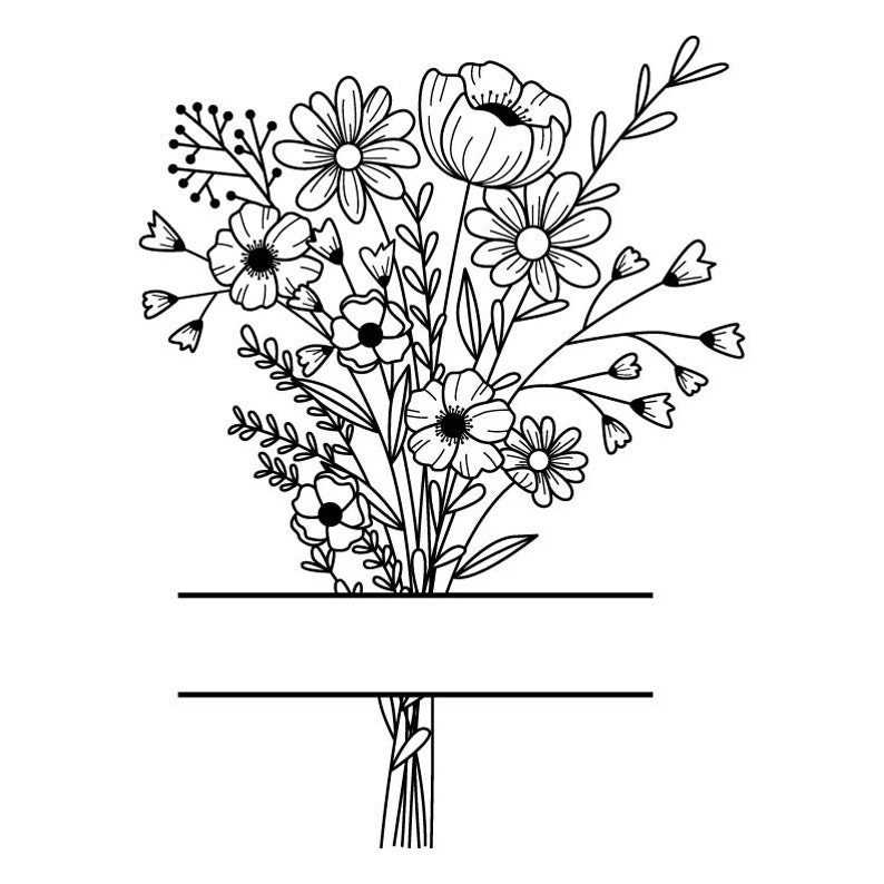 May include: Black and white line art illustration of a floral bouquet. The bouquet features various flowers and foliage, with a section for text at the bottom. The flowers include daisies, poppies, and other wildflowers.
