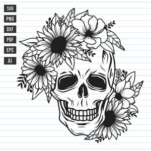 May include: A black and white line drawing of a skull with a floral wreath around it. The flowers are stylized and include sunflowers, daisies, and other blooms.