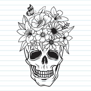 May include: A black and white line drawing of a skull with a floral crown. The skull has a detailed design with a prominent jawline and teeth. The floral crown is made up of various flowers and leaves, including lilies, roses, and daisies.