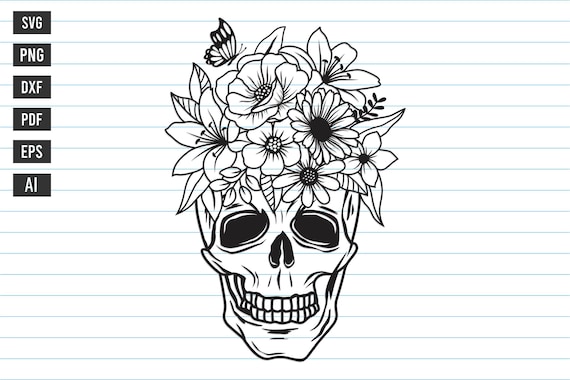 Flower Skull Svg, Skull Svg Files, Boho Skull With Flower Svg, Skull Floral Svg, Flower Skull, Skull, Halloween, Skull Clipart, Svg.