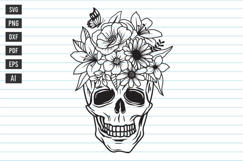 May include: A black and white line drawing of a skull with a floral crown. The skull has a detailed design with a prominent jawline and teeth. The floral crown is made up of various flowers and leaves, including lilies, roses, and daisies.