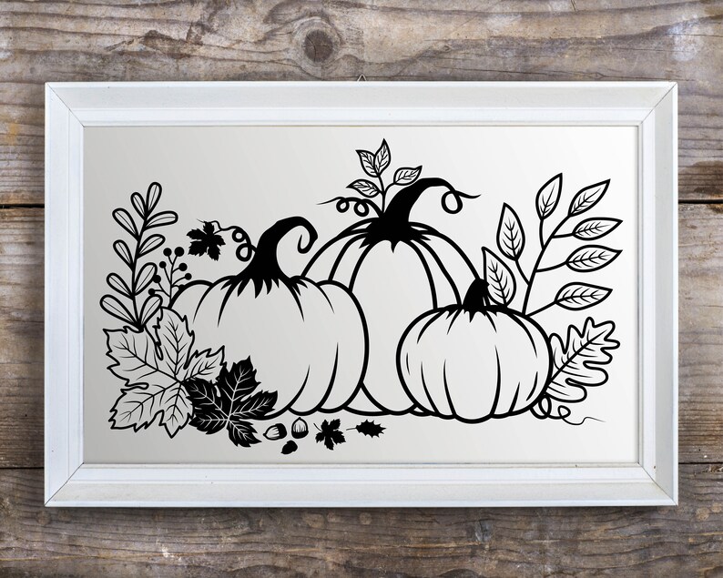 May include: A black and white silhouette of three pumpkins with leaves and vines. The pumpkins are arranged in a cluster, with the largest pumpkin in the back and the smallest pumpkin in the front. The leaves and vines are arranged around the pumpkins, creating a festive autumnal scene.