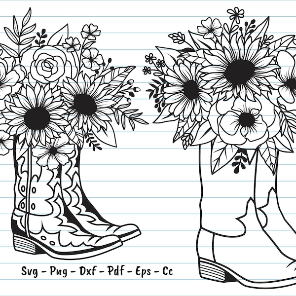 Cowboy Boots With Flower Svg, Cowboy Boots Svg, Flower Svg Cut Files, Cowgirl, Sunflower, Cowboy Boots Svg.
