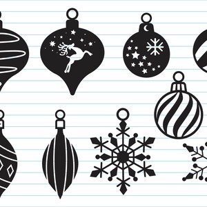 May include: Nine black and white Christmas ornament illustrations. The ornaments include a reindeer, a snowflake, a crescent moon, and various geometric patterns.