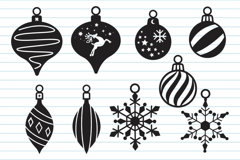 May include: Nine black and white Christmas ornament illustrations. The ornaments include a reindeer, a snowflake, a crescent moon, and various geometric patterns.