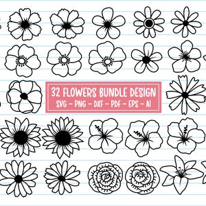 32 Flower Svg Bundle, Flowers Svg, Floral Svg, Flower Line Art, Flower Clipart, Simple Flowers Svg, Svg Files For Cricut, Flower Silhouette.