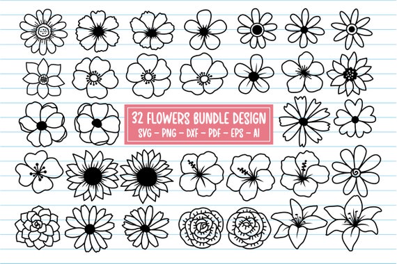32 Flower Svg Bundle, Flowers Svg, Floral Svg, Flower Line Art, Flower Clipart, Simple Flowers Svg, Svg Files For Cricut, Flower Silhouette.