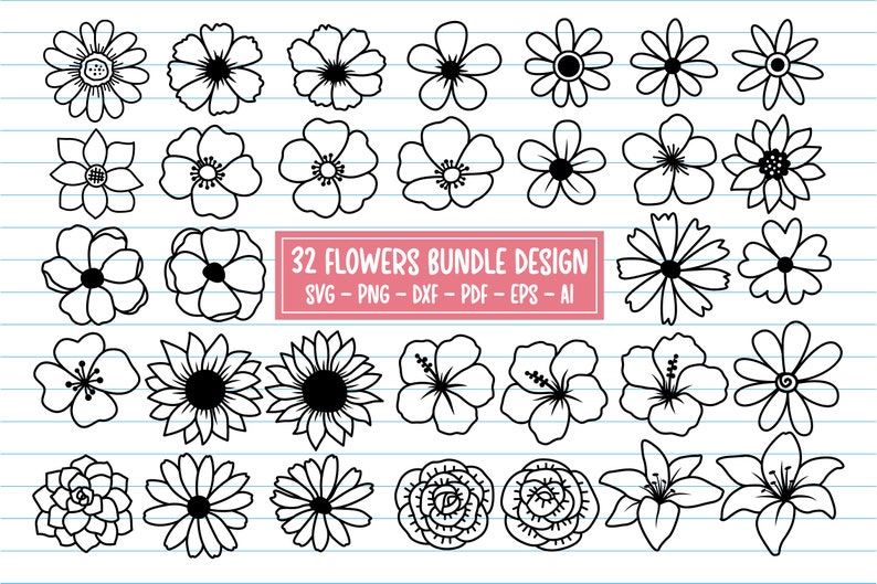 K&ouml;nnte beinhalten: Ein Set mit 32 Schwarzwei&szlig;-Blumenillustrationen. Die Blumen sind in einem einfachen, gekritzelten Stil gezeichnet und umfassen eine Vielzahl von Formen und Gr&ouml;&szlig;en. Der Text "32 FLOWERS BUNDLE DESIGN SVG - PNG - DXF - PDF - EPS - AI" ist in Rosa am unteren Rand des Bildes geschrieben.