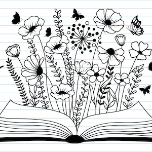 May include: A black and white illustration of an open book with flowers and butterflies growing out of it. The book is on a lined background.