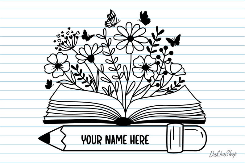 Peut inclure: Illustration en noir et blanc d'un livre ouvert avec des fleurs et des papillons. Un crayon avec le texte "YOUR NAME HERE" est en dessous du livre. L'image est sur du papier lign&eacute;.