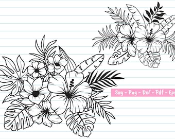 Tropical Flower Svg, Hibiscus Svg Bundle, Flower Svg, Tropical Leaves Svg, Flower and Leaves, Hibiscus Svg, Hawaiian Svg, Tropical Clipart.
