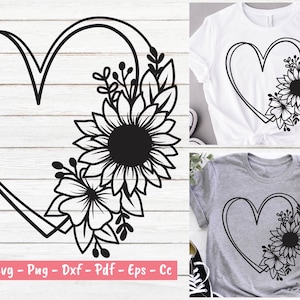 Flor Corazón Svg, Corazón Svg, Corazón Flor Svg, Girasol Svg, Flor Corazón Svg Diseño, Flor SVG, Camisa de Flor Svg, Flor Clipart.