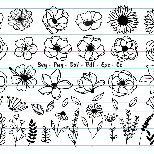 42 Flower Svg, Flower Bundle Svg, Wildflower Svg, Flowers And Leaves, Flower Svg Cut Files, WildFlower Svg Bundle, Digital Print, Svg, Dxf.