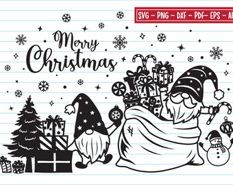 May include: Black and white illustration of a Christmas gnome with a sack full of presents, a candy cane, and a snowman. The gnome is wearing a hat with stars and has a long beard. The text "Merry Christmas" is written above the gnome.
