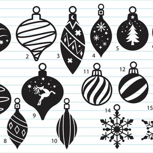 May include: A set of 15 black and white Christmas ornament SVG cut files. The ornaments feature various designs, including snowflakes, stars, reindeer, and a Christmas tree.