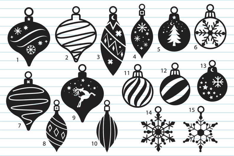 May include: A set of 15 black and white Christmas ornament SVG cut files. The ornaments feature various designs, including snowflakes, stars, reindeer, and a Christmas tree.