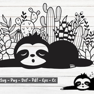 Perezoso svg, flor perezoso svg, cactus perezoso svg, perezoso con archivos de corte de flores, perezoso clipart, bebé perezoso, archivos svg para cricut y silueta.