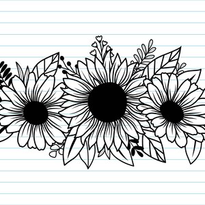 May include: A black and white floral illustration of three sunflowers with detailed petals and dark centres, surrounded by leaves and smaller floral elements. The design is set against a lined paper background.