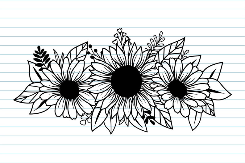 May include: A black and white floral illustration of three sunflowers with detailed petals and dark centres, surrounded by leaves and smaller floral elements. The design is set against a lined paper background.