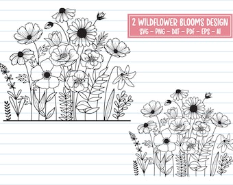 May include: Two black and white line art designs of wildflowers. The designs feature various types of flowers, including poppies, daisies, and cosmos. The designs are perfect for creating digital or physical crafts.
