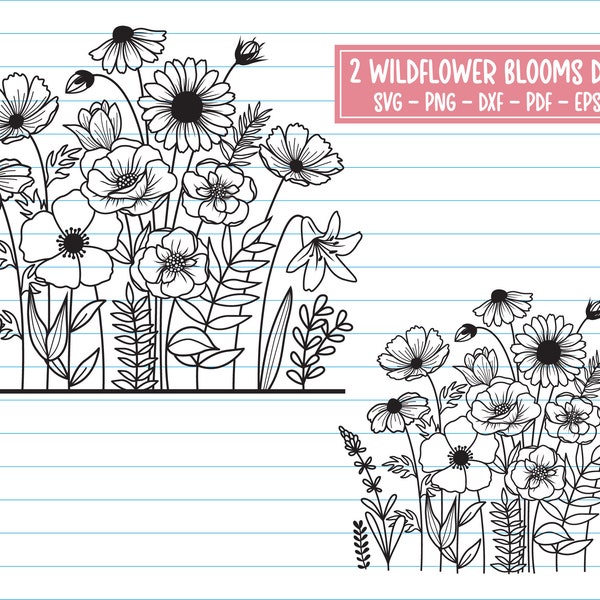 Flower Svg, Wildflower Border Svg, Wild Flower Svg, Floral Svg Cut Files, Flowers Svg, Flower Clipart, Digital Print, Svg, Dxf, Png.