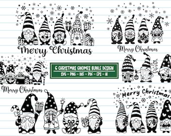 Könnte beinhalten: Ein Set mit sechs Schwarzweiß-Illustrationen von Weihnachtszwergen mit dem dreimal wiederholten Text "Frohe Weihnachten". Die Zwerge tragen Hüte und halten verschiedene weihnachtliche Gegenstände wie Zuckerstangen, Geschenke und Weihnachtsbäume.