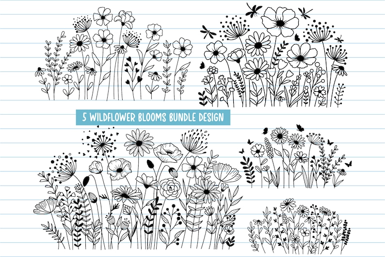 K&ouml;nnte beinhalten: F&uuml;nf Schwarzwei&szlig;illustrationen verschiedener Wildblumenarrangements. Jede Illustration zeigt eine Vielzahl von Blumen, Bl&auml;ttern und Stielen. Der Text "5 Wildflower Blooms Bundle Design" erscheint unter den Illustrationen.