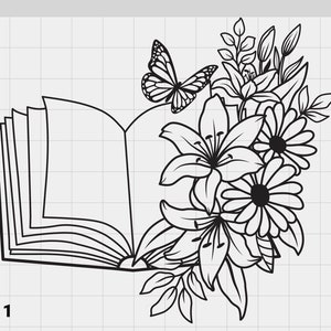 May include: A black and white line drawing of an open book with flowers and a butterfly. The book is open and the pages are blank. The flowers are lilies and daisies. The butterfly is in flight.