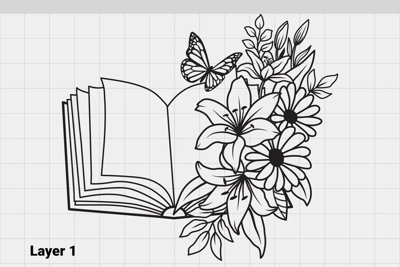 May include: A black and white line drawing of an open book with flowers and a butterfly. The book is open and the pages are blank. The flowers are lilies and daisies. The butterfly is in flight.
