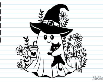May include: Black and white Halloween-themed graphic featuring a ghost wearing a witch hat, holding a coffee cup with a heart, and hugging a black cat. Flowers and a pumpkin surround the ghost. The image includes file type icons.