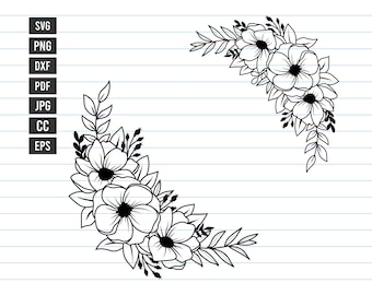May include: Two black and white floral corner designs with leaves and flowers. The designs are on a white background with blue lines.