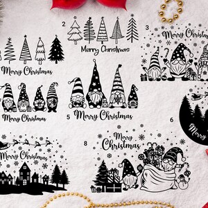 May include: Eight black and white Christmas designs featuring gnomes, trees, and the text "Merry Christmas".