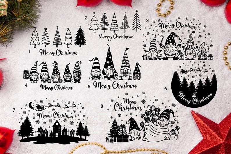 May include: Eight black and white Christmas designs featuring gnomes, trees, and the text "Merry Christmas".