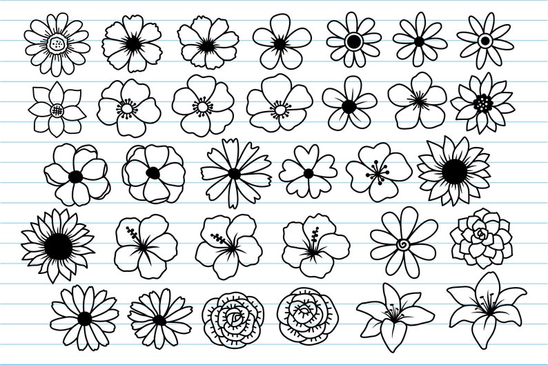 K&ouml;nnte beinhalten: Eine Sammlung von 36 handgezeichneten Blumenillustrationen in Schwarzwei&szlig;. Die Blumen sind in einem einfachen, gekritzelten Stil gezeichnet und umfassen eine Vielzahl von Formen und Gr&ouml;&szlig;en.