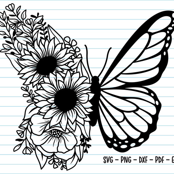 Papillon Svg, fleur papillon Svg, Svg papillon Floral, papillon fleur Svg, tournesol, papillon Clipart, fichiers Svg fichiers pour Cricut.