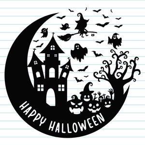 May include: Black and white silhouette illustration of a crescent moon with a haunted house, a witch flying on a broomstick, ghosts, bats, and a spooky tree. The text "Happy Halloween" is written below the moon.