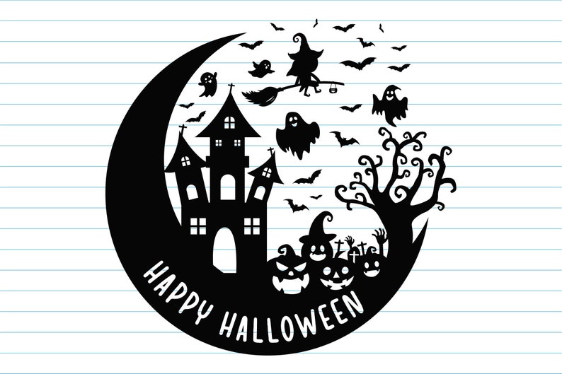 May include: Black and white silhouette illustration of a crescent moon with a haunted house, a witch flying on a broomstick, ghosts, bats, and a spooky tree. The text "Happy Halloween" is written below the moon.